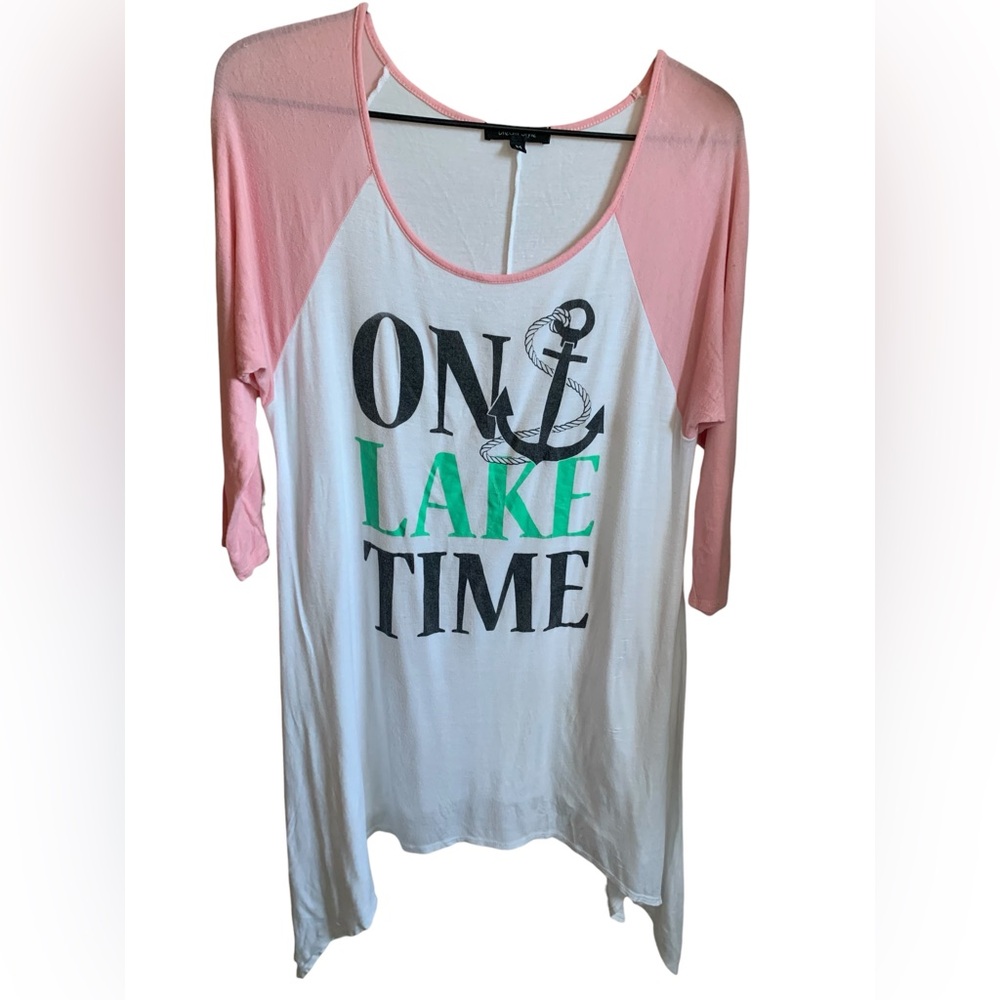 ON LAKE TIME Women's Pink and White Graphic Soft Tunic Top Shirt Anchor Nautical